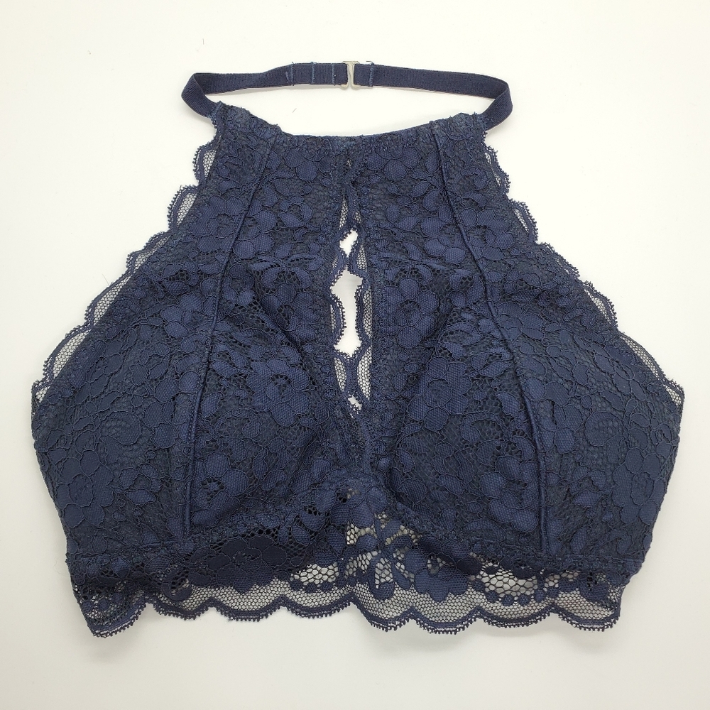 High Neck Keyhole Lace Bralette - Navy